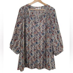 Rose & Olive Floral Blouse Button Up Blue Orange Smocked Fairy Boho 2X